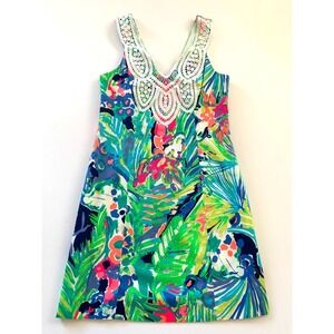 Lilly Pulitzer Largo Tropical Leaves Lace Shift Dress 00 Neon Purrfect Navy